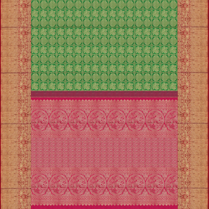 Handwoven Green with Pink Kanjivaram Silk Saree - 1881N007841DSC