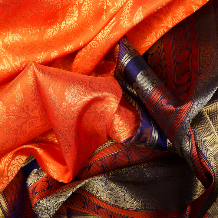Handwoven Orange with Blue Kanjivaram Silk Saree - 1061T001335DSC - Fabric View