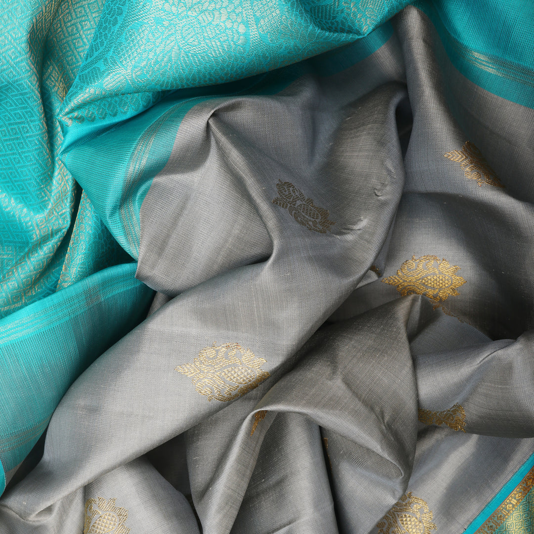 Handwoven Grey with Blue  Kanjivaram Silk Saree - 481T002848DSC - Fabric View