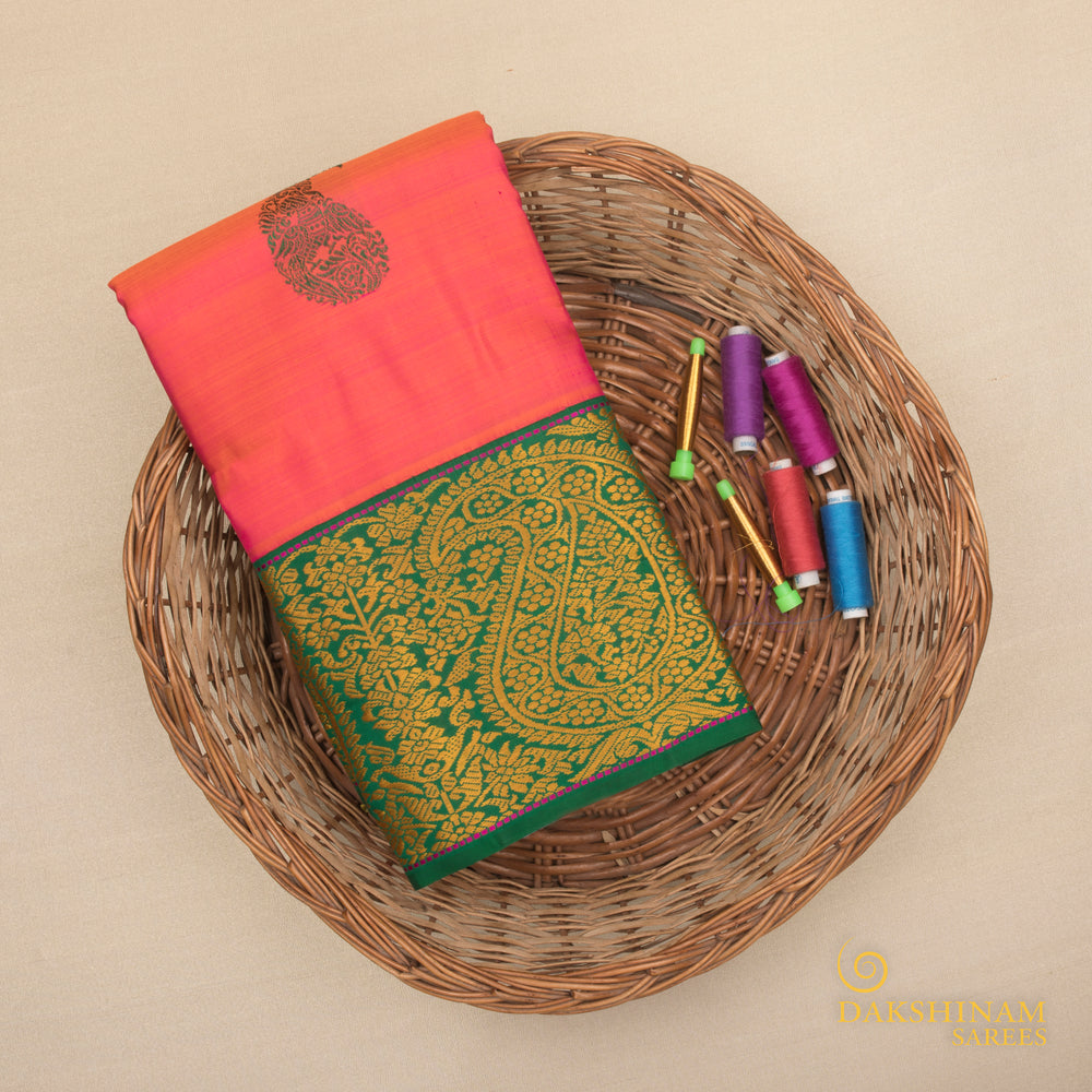 Handwoven Pink and Orange shot with Green Kanjivaram Silk Saree - 601T002810DSC
