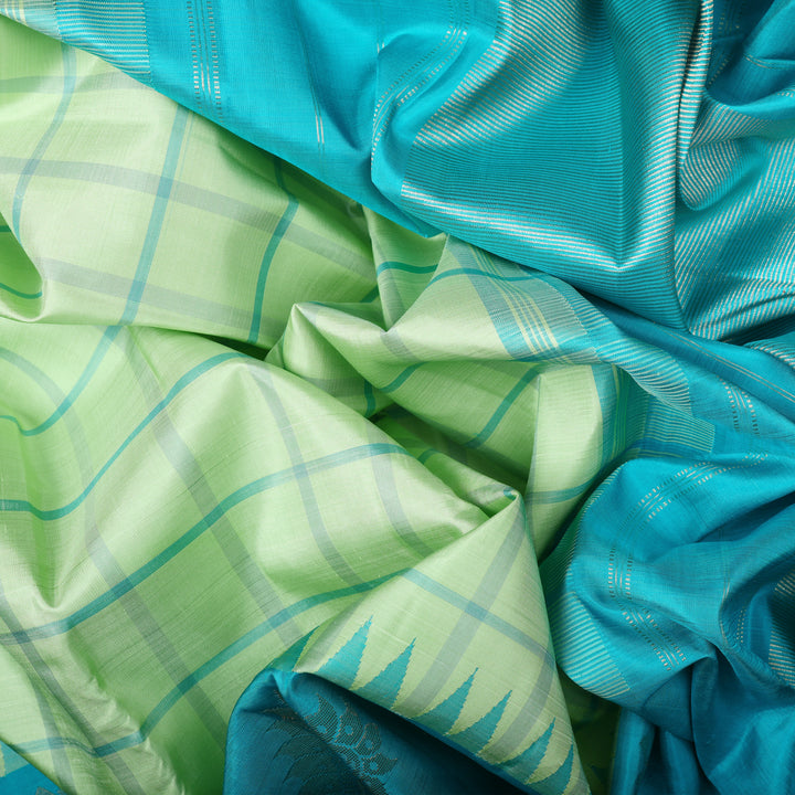 Handwoven Green with Blue Kanjivaram Silk Saree - 679T003093DSC - Fabric View