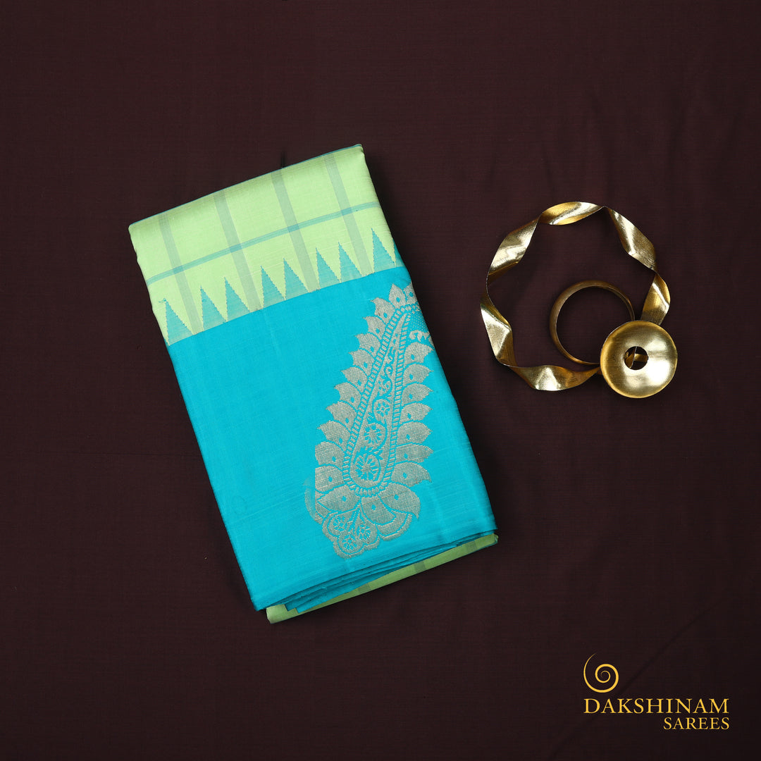 Handwoven Green with Blue Kanjivaram Silk Saree - 679T003093DSC
