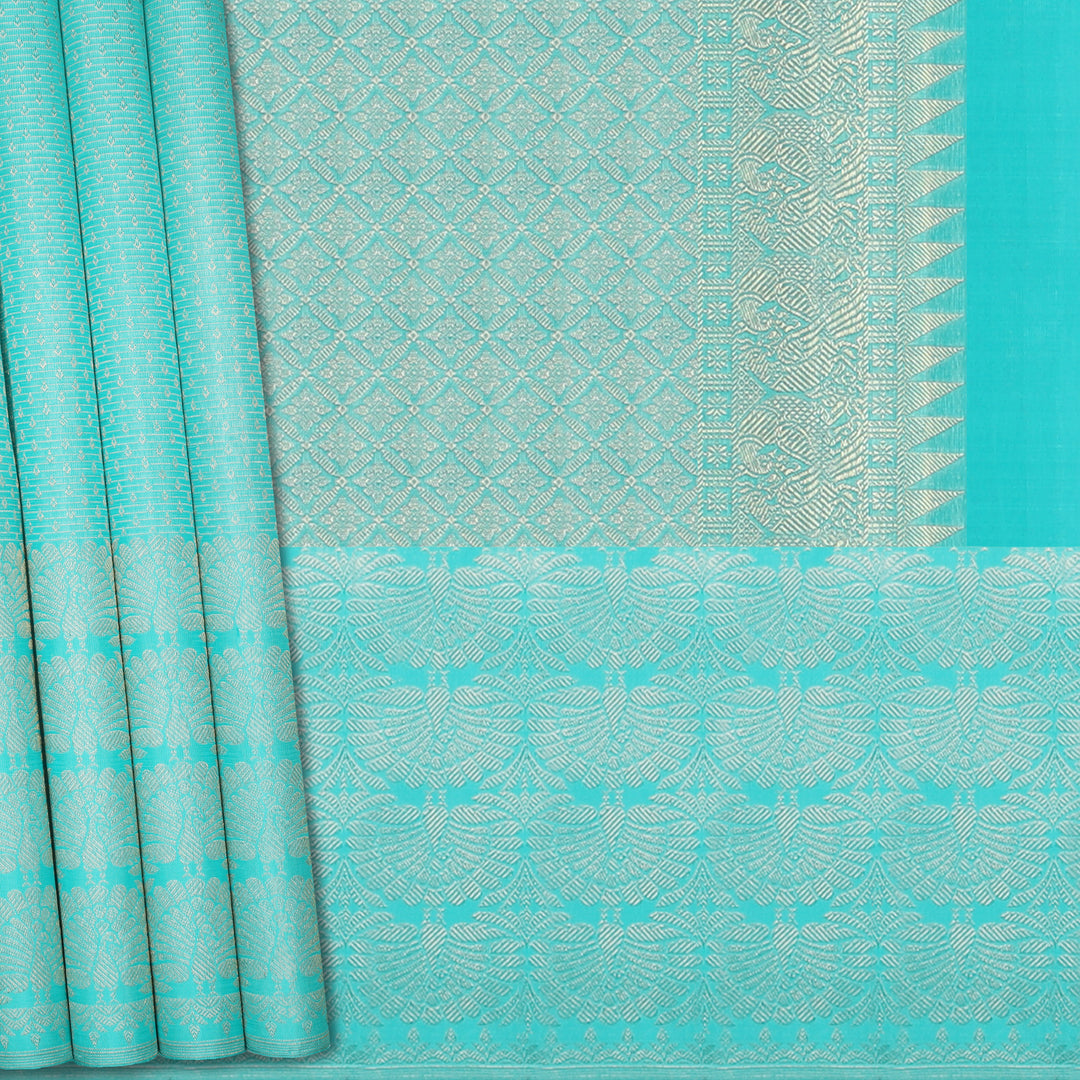 Handwoven Blue Kanjivaram Silk Saree - 743T001358DSC  - Cover View
