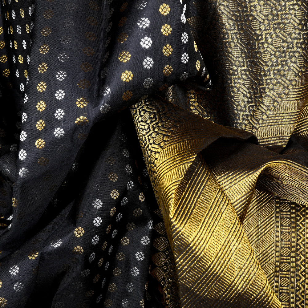 Handwoven Black Kanjivaram Silk Saree - 1049T002919DSC - Fabric View
