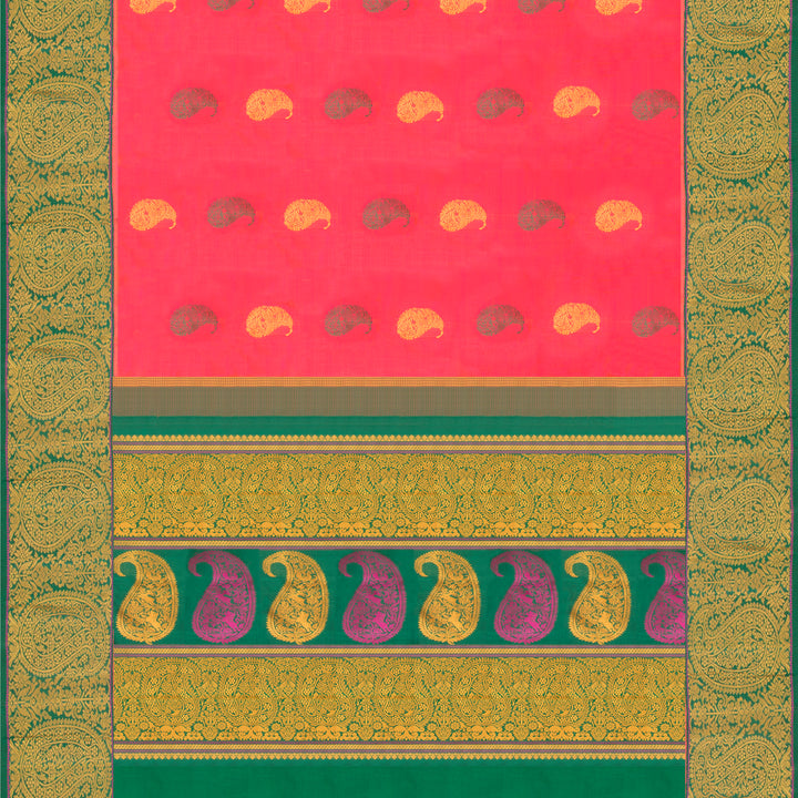 Handwoven Pink and Orange shot with Green Kanjivaram Silk Saree - 601T002810DSC - Full View