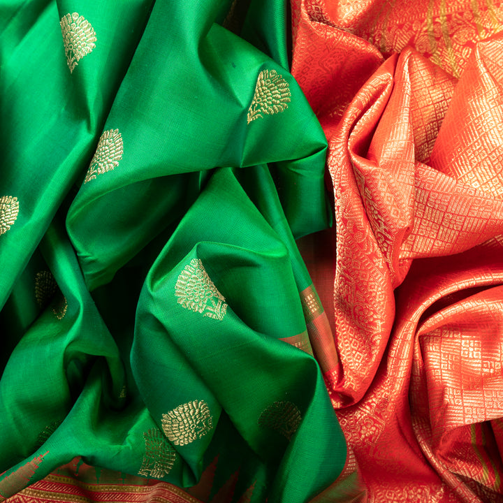 Handwoven Green with Red Kanjivaram Silk Saree - 573T001479DSC - Fabric View