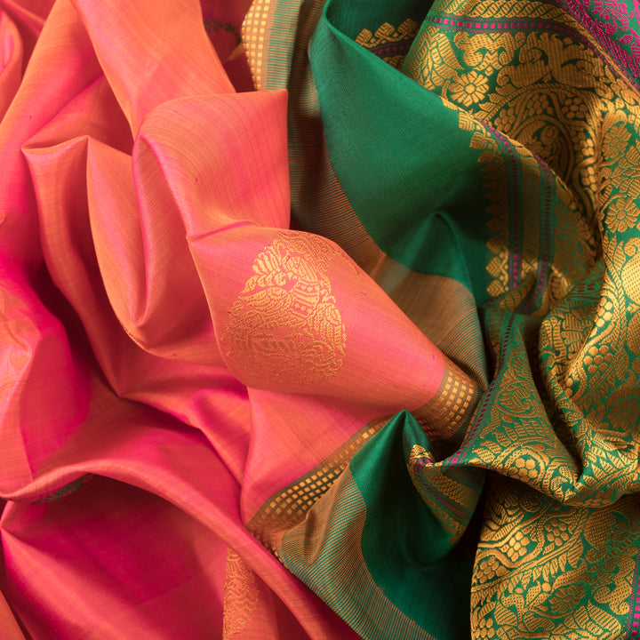 Handwoven Pink and Orange shot with Green Kanjivaram Silk Saree - 601T002810DSC - Fabric View