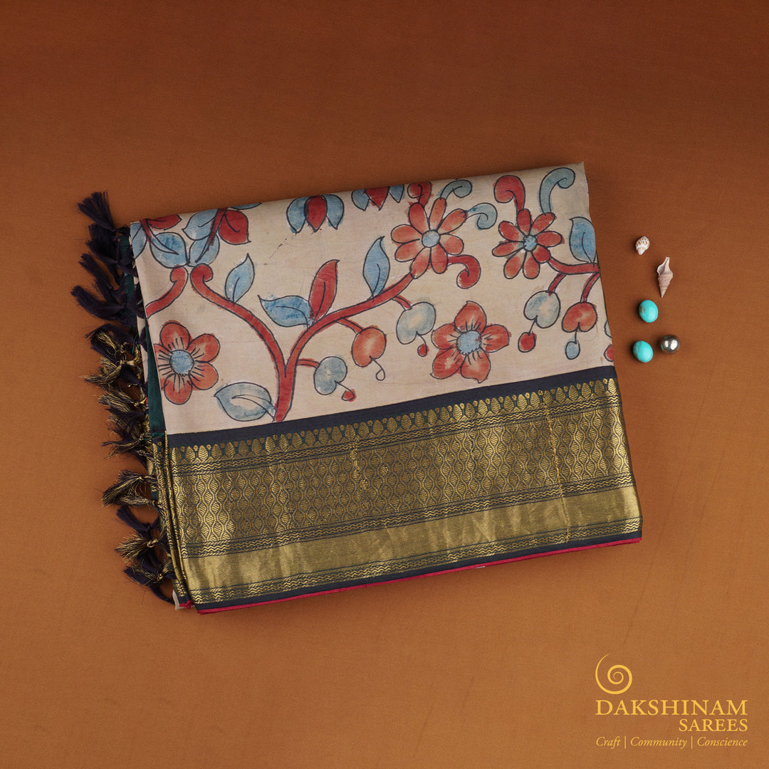 Handwoven Beige with Green Kalamkari Kanjivaram Silk Saree - 1612T005190DSC