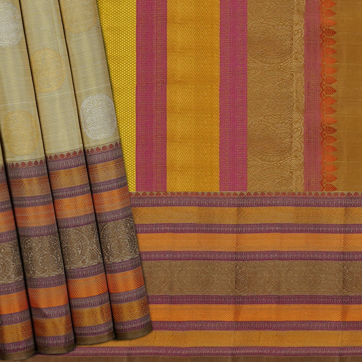 Handwoven Yellow with Khakhi beige and orange Kanjivaram Silk Saree - 1557T006328DSC