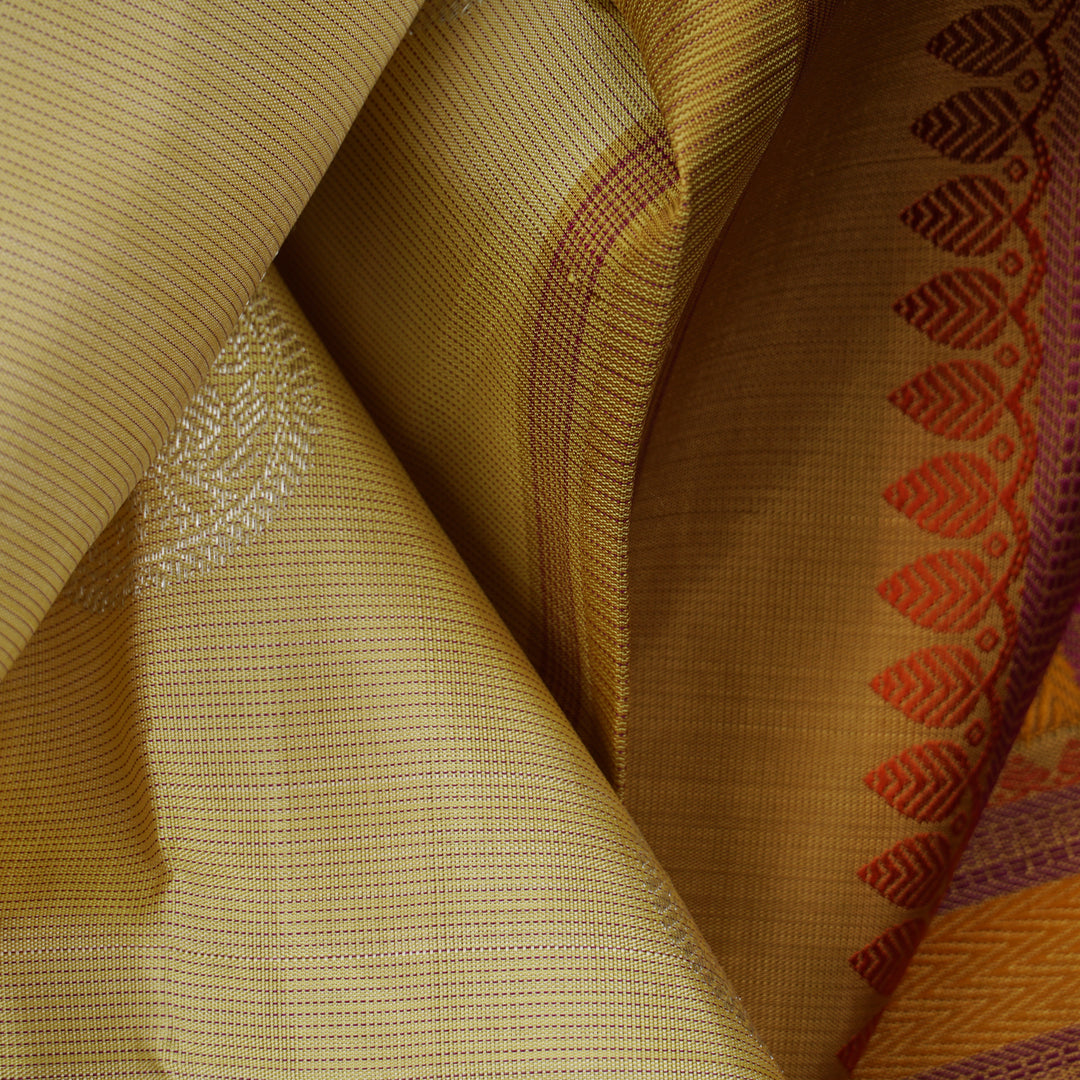 Handwoven Yellow with Khakhi beige and orange Kanjivaram Silk Saree - 1557T006328DSC