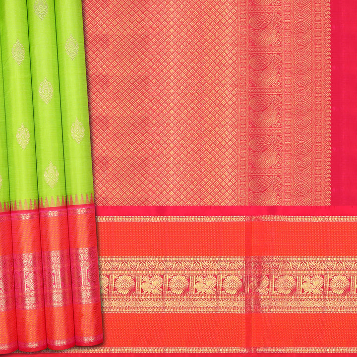 Handwoven Green with Pink and Orange Kanjivarm Silk Saree - 1475T004066DSC - Cover View