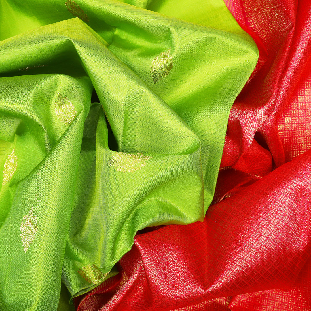 Handwoven Green with Pink and Orange Kanjivarm Silk Saree - 1475T004066DSC - Fabric View