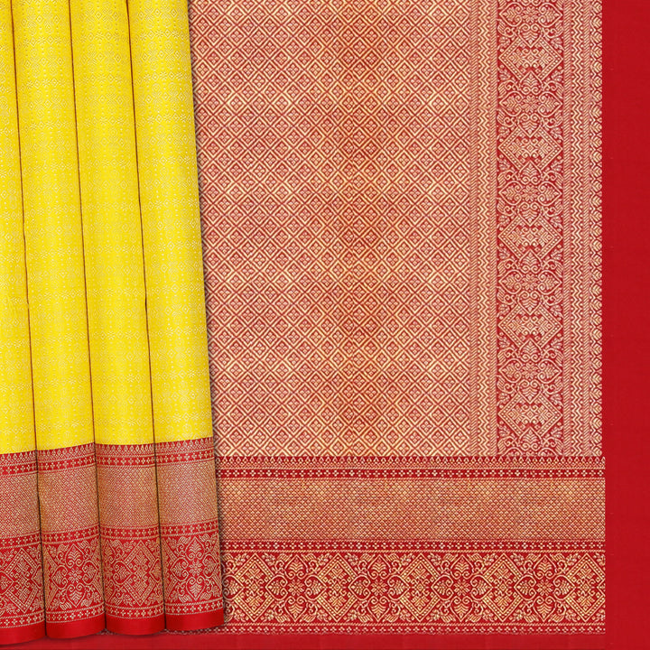 Handwoven Yellow with Maroon Kanjivaram Silk Saree - 1352T004366DSC