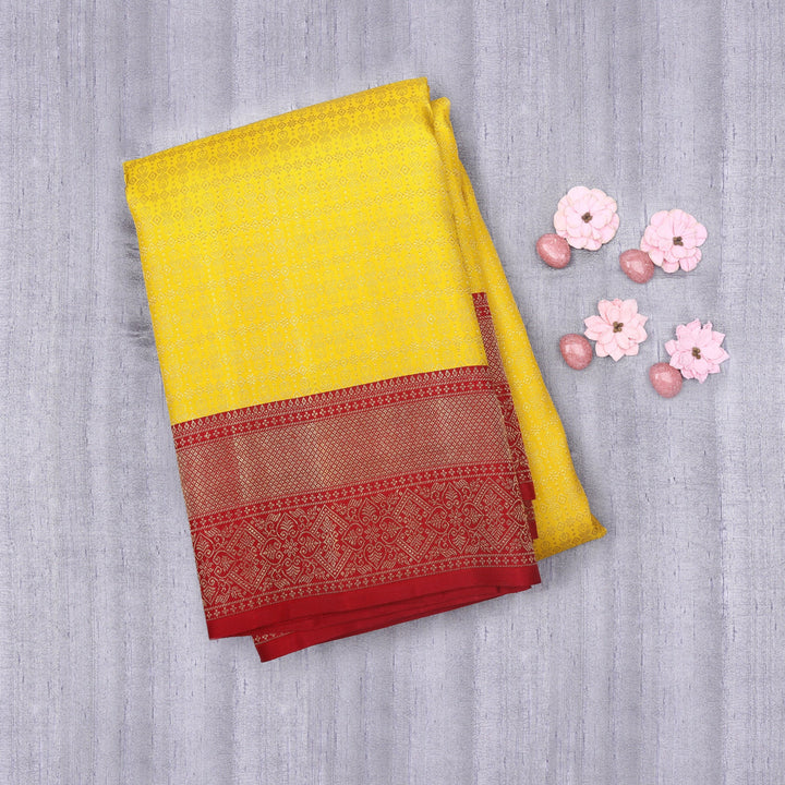 Handwoven Yellow with Maroon Kanjivaram Silk Saree - 1352T004366DSC