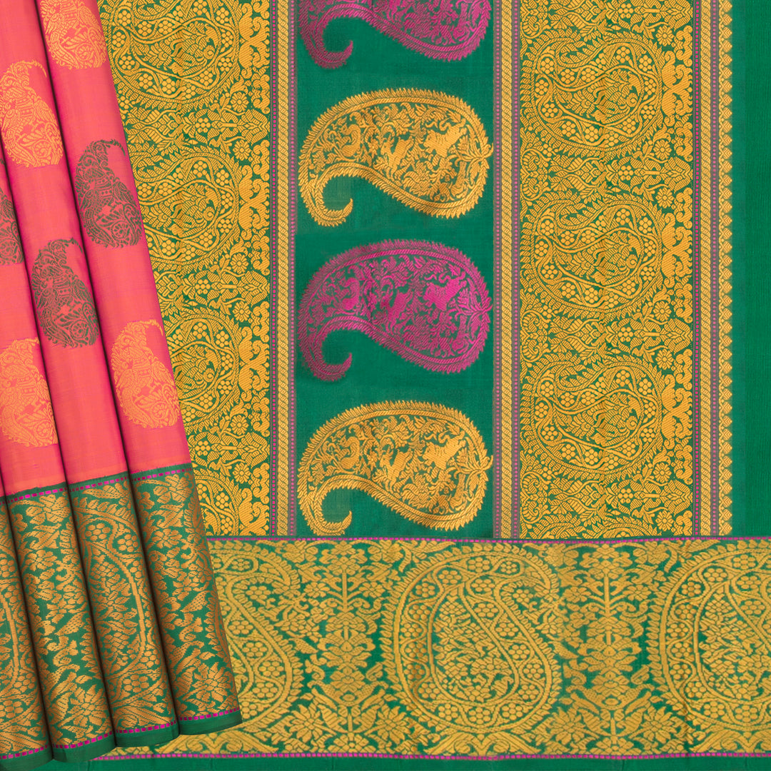 Handwoven Pink and Orange shot with Green Kanjivaram Silk Saree - 601T002810DSC - Cover View