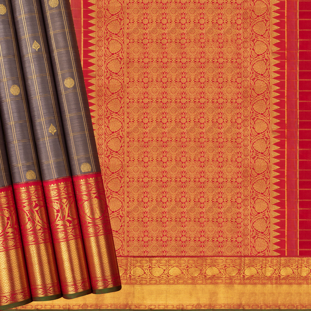 Handwoven Grey with Red Kanjivaram Silk Saree - 554T002921DSC - Cover View