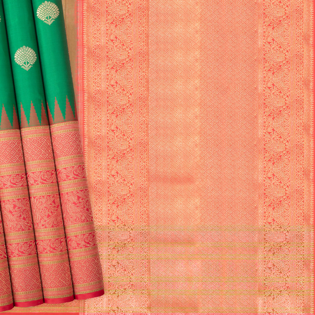 Handwoven Green with Red Kanjivaram Silk Saree - 573T001479DSC - Cover View